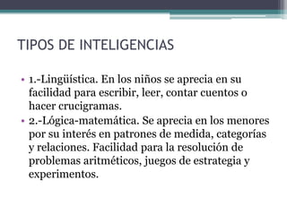 TIPOS DE INTELIGENCIAS

• 1.-Lingüística. En los niños se aprecia en su
  facilidad para escribir, leer, contar cuentos o
  hacer crucigramas.
• 2.-Lógica-matemática. Se aprecia en los menores
  por su interés en patrones de medida, categorías
  y relaciones. Facilidad para la resolución de
  problemas aritméticos, juegos de estrategia y
  experimentos.
 
