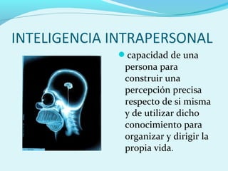 INTELIGENCIA INTRAPERSONAL
capacidad de una
persona para
construir una
percepción precisa
respecto de si misma
y de utilizar dicho
conocimiento para
organizar y dirigir la
propia vida.
 