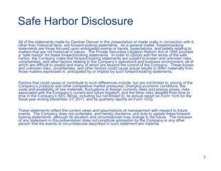 Safe Harbor Disclosure
All of the statements made by Gardner Denver in this presentation or made orally in connection with it,
other than historical facts, are forward-looking statements. As a general matter, forward-looking
statements are those focused upon anticipated events or trends, expectations, and beliefs relating to
matters that are not historical in nature. The Private Securities Litigation Reform Act of 1995 provides
a “safe harbor” for these forward-looking statements. In order to comply with the terms of the safe
harbor, the Company notes that forward-looking statements are subject to known and unknown risks,
uncertainties, and other factors relating to the Company’s operations and business environment, all of
which are difficult to predict and many of which are beyond the control of the Company. These known
and unknown risks, uncertainties, and other factors could cause actual results to differ materially from
those matters expressed in, anticipated by or implied by such forward-looking statements.

Factors that could cause or contribute to such differences include, but are not limited to: pricing of the
Company’s products and other competitive market pressures; changing economic conditions; the
costs and availability of raw materials; fluctuations in foreign currency rates and energy prices; risks
associated with the Company’s current and future litigation; and the other risks detailed from time to
time in the Company’s SEC filings, including but not limited to, its annual report on Form 10-K for the
fiscal year ending December 31, 2011, and its quarterly reports on Form 10-Q.

These statements reflect the current views and assumptions of management with respect to future
events. The Company does not undertake, and hereby disclaims, any duty to update these forward-
looking statements, although its situation and circumstances may change in the future. The inclusion
of any statement in this presentation does not constitute admission by the Company or any other
person that the events or circumstances described in such statement are material.




                                                                                       SF PowerPoint Template 03-27-08/2


                                                                                                                           2
 