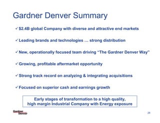 Gardner Denver Summary
 $2.4B global Company with diverse and attractive end markets

 Leading brands and technologies … strong distribution

 New, operationally focused team driving “The Gardner Denver Way”

 Growing, profitable aftermarket opportunity

 Strong track record on analyzing & integrating acquisitions

 Focused on superior cash and earnings growth

        Early stages of transformation to a high quality,
     high margin Industrial Company with Energy exposure
                                                   SF PowerPoint Template 03-27-08/28


                                                                                        28
 