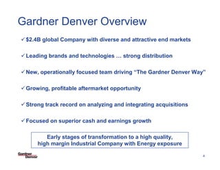 Gardner Denver Overview
 $2.4B global Company with diverse and attractive end markets

 Leading brands and technologies … strong distribution

 New, operationally focused team driving “The Gardner Denver Way”

 Growing, profitable aftermarket opportunity

 Strong track record on analyzing and integrating acquisitions

 Focused on superior cash and earnings growth

        Early stages of transformation to a high quality,
     high margin Industrial Company with Energy exposure
                                                    SF PowerPoint Template 03-27-08/4


                                                                                        4
 