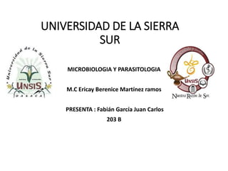 UNIVERSIDAD DE LA SIERRA
SUR
MICROBIOLOGIA Y PARASITOLOGIA
M.C Ericay Berenice Martínez ramos
PRESENTA : Fabián García Juan Carlos
203 B
 