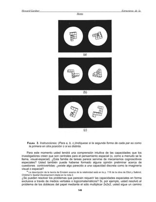 Howard Gardner                                                                                      Estructuras de la
                                                       Mente




     FIGURA 3. Instrucciones: (Para a, b, c.)Indíquese si la segunda forma de cada par es como
      la primera en otra posición o si es distinta.

    Para este momento usted tendrá una comprensión intuitiva de las capacidades que los
investigadores creen que son centrales para el pensamiento espacial (o, como a menudo se le
llama, visual-espacial). ¿Esta familia de tareas parece servirse de mecanismos cognoscitivos
especiales? Usted también puede haberse formado alguna opinión preliminar acerca de
cuestiones controvertidas: ¿existe algo parecido a una capacidad discreta como la imaginería
visual o espacial?
     4
       La descripción de la teoría de Einstein acerca de la relatividad está en la p. 118 de la obra de Eliot y Salkind,
Children's Spatial Development citada en la nota 2.
¿Se pueden resolver los problemas que parecen requerir las capacidades espaciales en forma
exclusiva a través de medios verbales o logicomatemáticos? Si, por ejemplo, usted resolvió el
problema de los dobleces del papel mediante el sólo multiplicar 2x2x2, usted sigue un camino

                                                        149
 