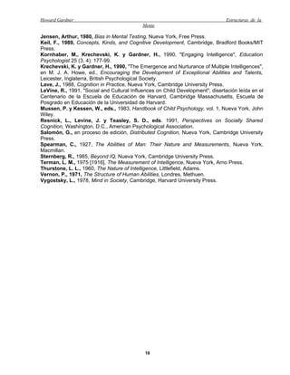 Howard Gardner                                                                  Estructuras de la
                                            Mente

Jensen, Arthur, 1980, Bias in Mental Testing, Nueva York, Free Press.
Keil, F., 1989, Concepts, Kinds, and Cognitive Development, Cambridge, Bradford Books/MIT
Press.
Kornhaber, M., Krechevski, K. y Gardner, H., 1990, "Engaging Intelligence", Education
Psychologist 25 (3, 4): 177-99.
Krechevski, K. y Gardner, H., 1990, "The Emergence and Nurturance of Multiple Intelligences",
en M. J. A. Howe, ed., Encouraging the Development of Exceptional Abilities and Talents,
Leicester, Inglaterra, British Psychological Society.
Lave, J., 1988, Cognition in Practice, Nueva York, Cambridge University Press.
LeVine, R., 1991, "Social and Cultural Influences on Child Development", disertación leída en el
Centenario de la Escuela de Educación de Harvard, Cambridge Massachusetts, Escuela de
Posgrado en Educación de la Universidad de Harvard.
Mussen, P. y Kessen, W., eds., 1983, Handbook of Child Psychology, vol. 1, Nueva York, John
Wiley.
Resnick, L., Levine, J. y Teasley, S. D., eds. 1991, Perspectives on Socially Shared
Cognition, Washington, D.C., American Psychological Association.
Salomón, G., en proceso de edición, Distributed Cognition, Nueva York, Cambridge University
Press.
Spearman, C., 1927, The Abilities of Man: Their Nature and Measurements, Nueva York,
Macmillan.
Sternberg, R., 1985, Beyond IQ, Nueva York, Cambridge University Press.
Terman, L. M., 1975 [1916], The Measurement of Intelligence, Nueva York, Arno Press.
Thurstone, L. L., 1960, The Nature of Intelligence, Littlefield, Adams.
Vernon, P., 1971, The Structure of Human Abilities, Londres, Methuen.
Vygostsky, L., 1978, Mind in Society, Cambridge, Harvard University Press.




                                             18
 