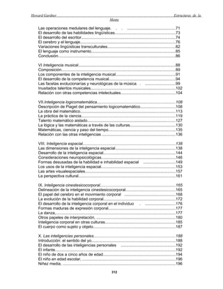 Howard Gardner                                                                                                     Estructuras de la
                                                              Mente

   Las operaciones medulares del lenguaje. . . ...........................................71
   El desarrollo de las habilidades lingüísticas.....................................................73
   El desarrollo del escritor...................................................................................74
   El cerebro y el lenguaje....................................................................................76
   Variaciones lingüísticas transculturales............................................................82
   El lenguaje como instrumento..........................................................................85
   Conclusión........................................................................................................86

   VI Inteligencia musical......................................................................................88
   Composición.....................................................................................................89
   Los componentes de la inteligencia musical.....................................................91
   El desarrollo de la competencia musical...........................................................94
   Las facetas evolucionarías y neurológicas de la música. . ..........................99
   Inusitados talentos musicales...........................................................................102
   Relación con otras competencias intelectuales................................................104

   VII.Inteligencia logicomatemática.....................................................................108
   Descripción de Piaget del pensamiento logicomatemático...............................108
   La obra del matemático....................................................................................113
   La práctica de la ciencia...................................................................................119
   Talento matemático aislado..............................................................................127
   La lógica y las matemáticas a través de las culturas........................................130
   Matemáticas, ciencia y paso del tiempo...........................................................135
   Relación con las otras inteligencias .................................................................136

   VIII. Inteligencia espacial..................................................................................138
   Las dimensiones de la inteligencia espacial.....................................................138
   Desarrollo de la inteligencia espacial................................................................144
   Consideraciones neuropsicológicas.................................................................146
   Formas desusadas de la habilidad e inhabilidad espacial ............................149
   Los usos de la inteligencia espacial..................................................................153
   Las artes visualespaciales................................................................................157
   La perspectiva cultural......................................................................................161

   IX. Inteligencia cinestesicocorporal...................................................................165
   Delineación de la inteligencia cinestesicocorporal............................................165
   El papel del cerebro en el movimiento corporal .............................................168
   La evolución de la habilidad corporal................................................................172
   El desarrollo de la inteligencia corporal en el individuo . ...........................176
   Formas maduras de expresión corporal...........................................................177
   La danza,..........................................................................................................177
   Otros papeles de interpretación, ......................................................................180
   Inteligencia corporal en otras culturas..............................................................185
   El cuerpo como sujeto y objeto.........................................................................187

   X. Las inteligencias personales........................................................................188
   Introducción: el sentido del yo..........................................................................188
   El desarrollo de las inteligencias personales ................................................192
   El infante..........................................................................................................192
   El niño de dos a cinco años de edad................................................................194
   El niño en edad escolar, ..................................................................................196
   Niñez media, ...................................................................................................196

                                                               312
 