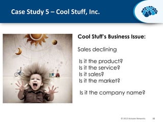 Case Study 5 – Cool Stuff, Inc.
Cool Stuff’s Business Issue:

Sales declining
Is it the product?
Is it the service?
Is it sales?
Is it the market?
Is it the company name?

© 2013 Activate Networks

15

 