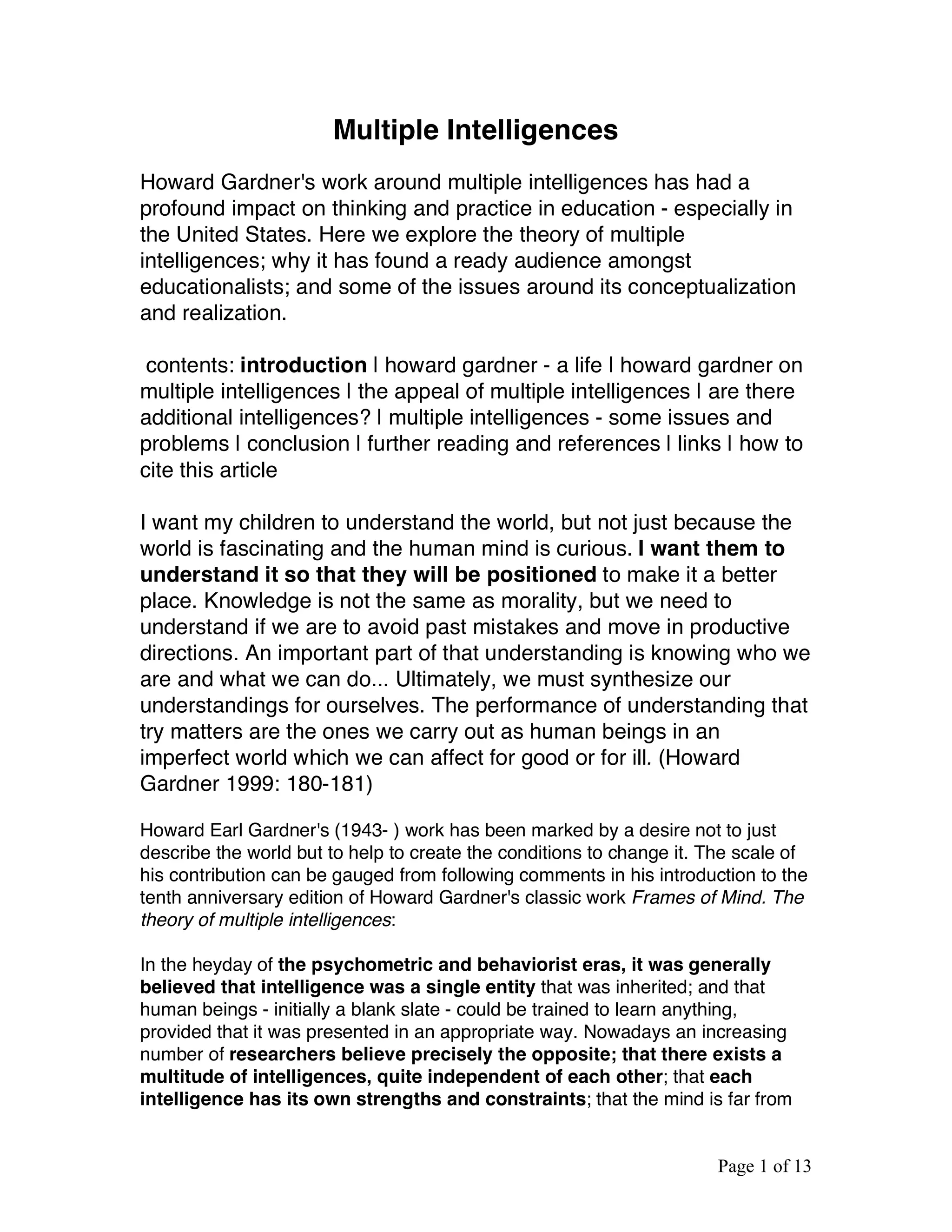 Gardner Multiple Intelligences | PDF