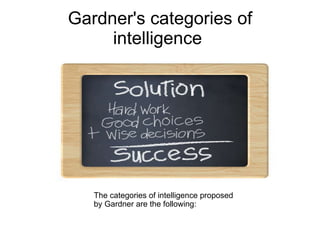 Gardner's categories of intelligence   The categories of intelligence proposed by Gardner are the following: 