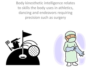 Body kinesthetic intelligence relates
 to skills the body uses in athletics,
  dancing and endeavors requiring
      precision such as surgery
 