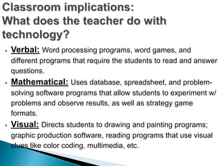 Verbal: Word processing programs, word games, and
different programs that require the students to read and answer
questions.
Mathematical: Uses database, spreadsheet, and problem-
solving software programs that allow students to experiment w/
problems and observe results, as well as strategy game
formats.
Visual: Directs students to drawing and painting programs;
graphic production software, reading programs that use visual
clues like color coding, multimedia, etc.
 