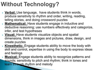 Verbal: Use language, have students think in words,
produce sensitivity to rhythm and order, writing, reading,
telling stories, and doing crossword puzzles
Mathematical: Have students engage in inductive and
deductive reasoning; use numbers effectively and categorize,
infer, and test hypotheses
Visual: Have students visualize objects and spatial
dimensions, think in images and pictures, draw, design, and
create puzzles
Kinesthetic: Engage students ability to move the body with
skill and control, expertise in using the body to express ideas
and feelings
Musical: Engage students ability to recognize patterns and
sounds; sensitivity to pitch and rhythm; think in tones and
learn through rhythm and melody
 