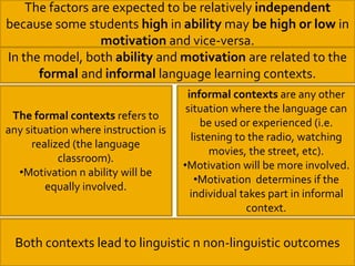 The formal contexts refers to
any situation where instruction is
realized (the language
classroom).
•Motivation n ability will be
equally involved.
informal contexts are any other
situation where the language can
be used or experienced (i.e.
listening to the radio, watching
movies, the street, etc).
•Motivation will be more involved.
•Motivation determines if the
individual takes part in informal
context.
The factors are expected to be relatively independent
because some students high in ability may be high or low in
motivation and vice-versa.
In the model, both ability and motivation are related to the
formal and informal language learning contexts.
Both contexts lead to linguistic n non-linguistic outcomes
 