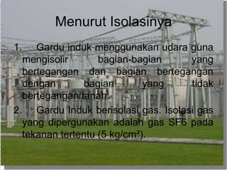 Menurut Isolasinya
1. Gardu induk menggunakan udara guna
mengisolir bagian-bagian yang
bertegangan dan bagian bertegangan
dengan bagian yang tidak
bertegangan/tanah.
2. Gardu Induk berisolasi gas. Isolasi gas
yang dipergunakan adalah gas SF6 pada
tekanan tertentu (5 kg/cm²).
 