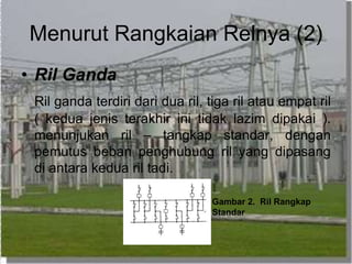Menurut Rangkaian Relnya (2)
• Ril Ganda
Ril ganda terdiri dari dua ril, tiga ril atau empat ril
( kedua jenis terakhir ini tidak lazim dipakai ).
menunjukan ril – tangkap standar, dengan
pemutus beban penghubung ril yang dipasang
di antara kedua ril tadi.
Gambar 2. Ril Rangkap
Standar
 