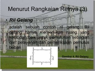 Menurut Rangkaian Relnya (3)
• Ril Gelang
adalah sebuah contoh ril gelang. Ril
gelang hanya memerlukan ruang yang
kecil dan baik untuk pemutusan sebagian
dari pelayanan dan pemeriksaan pemutus
beban
Gambar 4. Ril Gelang
 