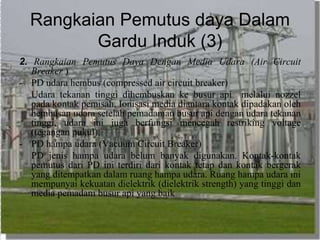 Rangkaian Pemutus daya Dalam
Gardu Induk (3)
2. Rangkaian Pemutus Daya Dengan Media Udara (Air Circuit
Breaker )
- PD udara hembus (compressed air circuit breaker)
Udara tekanan tinggi dihembuskan ke busur api melalui nozzel
pada kontak pemisah. Ionisasi media diantara kontak dipadakan oleh
hembusan udara setelah pemadaman busur api dengan udara tekanan
tinggi, udara ini juga berfungsi mencegah restriking voltage
(tegangan pukul).
- PD hampa udara (Vacuum Circuit Breaker)
PD jenis hampa udara belum banyak digunakan. Kontak-kontak
pemutus dari PD ini terdiri dari kontak tetap dan kontak bergerak
yang ditempatkan dalam ruang hampa udara. Ruang hampa udara ini
mempunyai kekuatan dielektrik (dielektrik strength) yang tinggi dan
media pemadam busur api yang baik
 