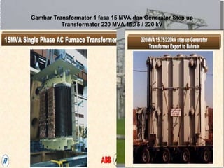 Gambar Transformator 1 fasa 15 MVA dan Generator Step up
Transformator 220 MVA 15,75 / 220 kV
 