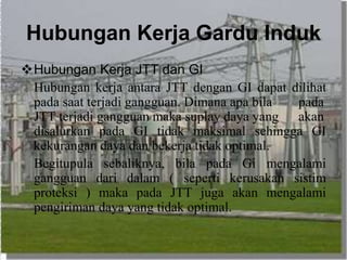 Hubungan Kerja Gardu Induk
Hubungan Kerja JTT dan GI
Hubungan kerja antara JTT dengan GI dapat dilihat
pada saat terjadi gangguan. Dimana apa bila pada
JTT terjadi gangguan maka suplay daya yang akan
disalurkan pada GI tidak maksimal sehingga GI
kekurangan daya dan bekerja tidak optimal.
Begitupula sebaliknya, bila pada Gi mengalami
gangguan dari dalam ( seperti kerusakan sistim
proteksi ) maka pada JTT juga akan mengalami
pengiriman daya yang tidak optimal.
 