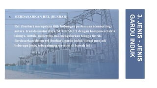 5. BERDASARKAN REL (BUSBAR)
Rel (busbar) merupakan titik hubungan pertemuan (connecting)
antara transformator daya, SUTT/ SKTT dengan komponen listrik
lainnya, untuk menerima dan menyalurkan tenaga listrik.
Berdasarkan sistem rel (busbar), gardu induk dibagi menjadi
beberapa jenis, sebagaimana tersebut di bawah ini :
3.
JENIS
-
JENIS
GARDU
INDUK
 
