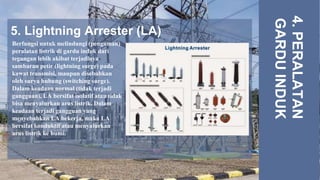 5. Lightning Arrester (LA)
4.
PERALATAN
GARDU
INDUK
Berfungsi untuk melindungi (pengaman)
peralatan listrik di gardu induk dari
tegangan lebih akibat terjadinya
sambaran petir (lightning surge) pada
kawat transmisi, maupun disebabkan
oleh surya hubung (switching surge).
Dalam keadaan normal (tidak terjadi
gangguan), LA bersifat isolatif atau tidak
bisa menyalurkan arus listrik. Dalam
keadaan terjadi gangguan yang
menyebabkan LA bekerja, maka LA
bersifat konduktif atau menyalurkan
arus listrik ke bumi.
 