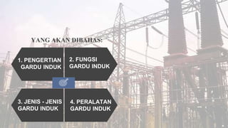 YANG AKAN DIBAHAS:
1. PENGERTIAN
GARDU INDUK
2. FUNGSI
GARDU INDUK
4. PERALATAN
GARDU INDUK
3. JENIS - JENIS
GARDU INDUK
 