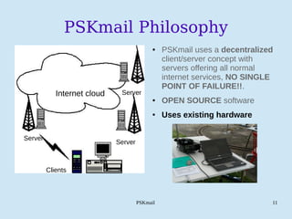 PSKmail 11
PSKmail Philosophy
● PSKmail uses a decentralized
client/server concept with
servers offering all normal
internet services, NO SINGLE
POINT OF FAILURE!!.
● OPEN SOURCE software
● Uses existing hardware
Internet cloud
Server
Server
Server
Clients
 