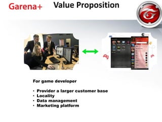 For game developer
• Provider a larger customer base
• Locality
• Data management
• Marketing platform
Value Proposition
 