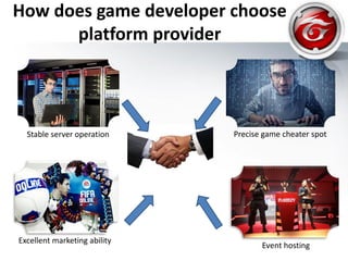 How does game developer choose
platform provider
Stable server operation Precise game cheater spot
Excellent marketing ability
Event hosting
 