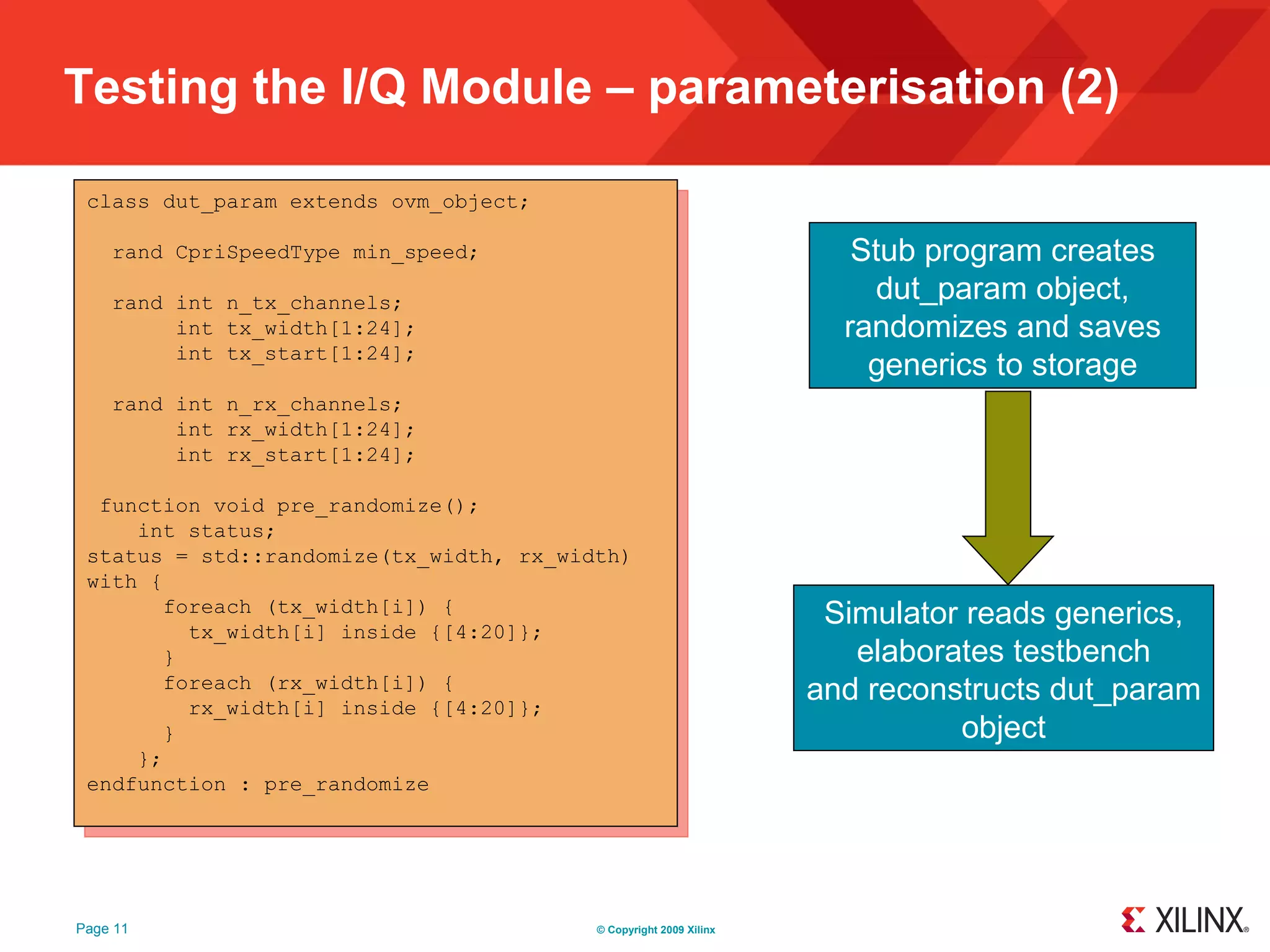 Testing the I/Q Module – parameterisation (2)

 class dut_param extends ovm_object;

    rand CpriSpeedType min_speed;                                     Stub program creates
    rand int n_tx_channels;                                            dut_param object,
         int tx_width[1:24];                                         randomizes and saves
         int tx_start[1:24];
                                                                       generics to storage
    rand int n_rx_channels;
         int rx_width[1:24];
         int rx_start[1:24];

  function void pre_randomize();
     int status;
 status = std::randomize(tx_width, rx_width)
 with {
       foreach (tx_width[i]) {
         tx_width[i] inside {[4:20]};
                                                                    Simulator reads generics,
       }                                                              elaborates testbench
       foreach (rx_width[i]) {
         rx_width[i] inside {[4:20]};
                                                                   and reconstructs dut_param
       }                                                                     object
     };
 endfunction : pre_randomize




Page 11                                  © Copyright 2009 Xilinx
 
