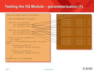 Testing the I/Q Module – parameterisation (1)

 class dut_param extends ovm_object;                               entity iq_module is
                                                                     generic (
    rand CpriSpeedType min_speed;                                      C_TX_WIDTH_1 : natural :=         10;
                                                                       C_TX_START_1 : natural :=          0;
    rand int n_tx_channels;                                            C_RX_WIDTH_1 : natural :=         10;
         int tx_width[1:24];                                           C_RX_START_1 : natural :=          0;
         int tx_start[1:24];
                                                                       C_TX_WIDTH_2   :   natural   :=   10;
    rand int n_rx_channels;                                            C_TX_START_2   :   natural   :=   20;
         int rx_width[1:24];                                           C_RX_WIDTH_2   :   natural   :=   10;
         int rx_start[1:24];                                           C_RX_START_2   :   natural   :=   20;
  function void pre_randomize();                                       C_TX_WIDTH_3   :   natural   :=   10;
     int status;                                                       C_TX_START_3   :   natural   :=   40;
 status = std::randomize(tx_width, rx_width)                           C_RX_WIDTH_3   :   natural   :=   10;
 with {                                                                C_RX_START_3   :   natural   :=   40;
       foreach (tx_width[i]) {
                                                                   …
         tx_width[i] inside {[4:20]};
       }
       foreach (rx_width[i]) {
         rx_width[i] inside {[4:20]};
       }
     };
 endfunction : pre_randomize




Page 10                                  © Copyright 2009 Xilinx
 