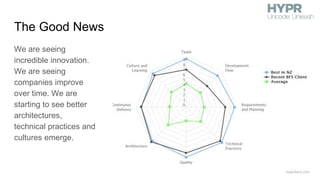 The Good News
We are seeing
incredible innovation.
We are seeing
companies improve
over time. We are
starting to see better
architectures,
technical practices and
cultures emerge.
 