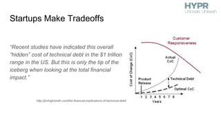 Startups Make Tradeoffs
“Recent studies have indicated this overall
“hidden” cost of technical debt in the $1 trillion
range in the US. But this is only the tip of the
iceberg when looking at the total financial
impact.”
http://jimhighsmith.com/the-financial-implications-of-technical-debt/
 