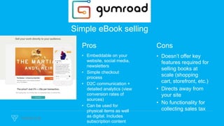 Simple eBook selling
Pros
• Embeddable on your
website, social media,
newsletters
• Simple checkout
process
• D2C communication +
detailed analytics (view
conversion rates of
sources)
• Can be used for
physical items as well
as digital. Includes
subscription content
Cons
• Doesn’t offer key
features required for
selling books at
scale (shopping
cart, storefront, etc.)
• Directs away from
your site
• No functionality for
collecting sales tax
 