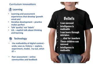 Curriculum	
  innova5ons	
  
       Learning	
  
•  Learning	
  and	
  assessment	
  
   experiences	
  that	
  develop	
  ‘growth	
  
   mind	
  sets’	
  	
                                                 Beliefs
•  Itera5ve	
  development	
  –	
  prac5ce	
  
                                                                •  I can succeed
   makes	
  perfect	
  
•  Talk	
  ‘quality’	
  not	
  ‘labels’	
                       •  Intelligence is
•  L2L	
  –	
  explicit	
  talk	
  about	
  thinking	
             malleable
   and	
  learning	
                                            •  I can learn through
                                                                   mistakes
         Technology	
                                           •  .... And for teachers
                                                                •  These children can
•  The	
  malleability	
  of	
  digital	
  content	
  -­‐	
        succeed
   undo,	
  save	
  as,	
  history	
  =	
  	
  explore,	
  
   experiment,	
  model,	
  	
  try-­‐out,	
  what-­‐           •  Intelligence is
   if?	
  =	
                                                      malleable	
  

•  Peer	
  assessment	
  –	
  online	
  
   communi5es	
  and	
  feedback	
  
 