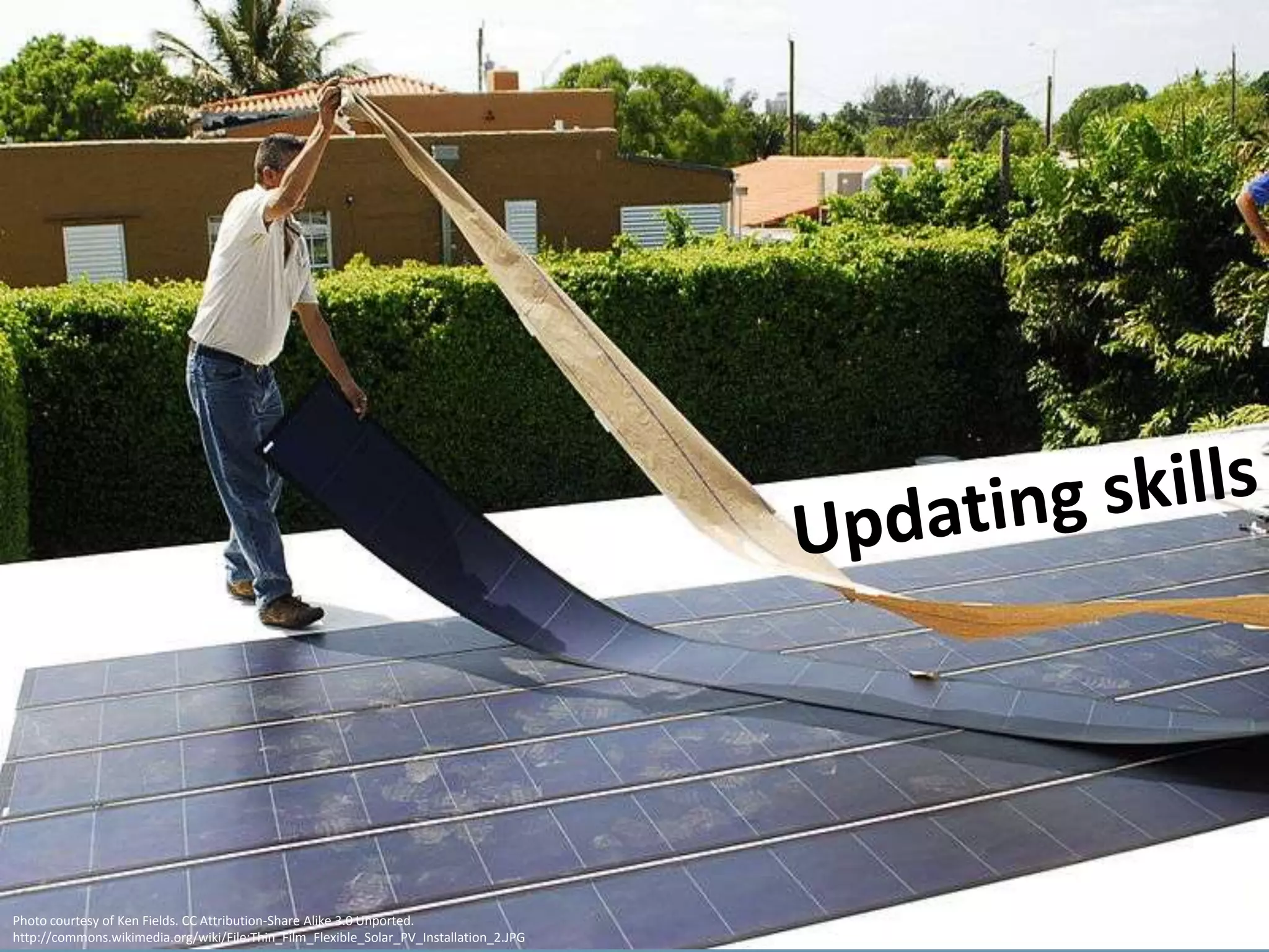 Photo courtesy of Ken Fields. CC Attribution-Share Alike 3.0 Unported.
http://commons.wikimedia.org/wiki/File:Thin_Film_Flexible_Solar_PV_Installation_2.JPG
 