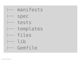 !"" manifests
!"" spec
!"" tests
!"" templates
!"" files
!"" lib
!"" Gemfile
Gareth Rushgrove
 