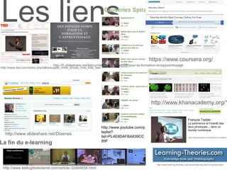Les liens 
http://fr.slideshare.net/lebrun/des-espacestemps-pour-la-formation-et-lapprentissage 
http://www.ted.com/index.php/talks/sugata_mitra_shows_how_kids_teach_themselves.html 
http://www.learning-theories.com/social-learning-theory-bandura.html 
http://www.slideshare.net/Downes 
La fin du e-learning 
http://www.leblogdeskolanet.com/article-32484658.html 
https://www.coursera.org/ 
http://www.khanacademy.org/1 
François Taddei : 
La pertinence et l'interêt des 
lieux physiques... dans un 
monde numérique 
http://www.knowtex.com/blog/francois-taddei-on-http://www.youtube.com/p 
laylist? 
list=PL4E8DAFBA839CC 
89F 
 