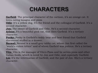 Garfield: The principal character of the cartoon, it’s an orange cat. It
loves eating lasagna and pizza
Odie: It’s a yellow dog. It’s the friend and the colleague of Garfield. It’s a
second character.
Jon: The owner of Garfield and Odie, He’s a second character.
Arlene: It’s a beautiful pink cat, that likes Garfield. It’s a tertiary
character.
Pooky: Pooky is Garfield's teddy bear and best friend that Garfield
discovered stuffed in a drawer.
Nermal: Nermal is a small grey tabby cat, whom Jon first called the
"world's cutest kitten" and of whom Garfield was jealous. He’s a tertiary
character.
Vito: Vito is the manager of Vito's Pizza and he serves pizza and other
Italian foods, which is loved by Jon and Odie, and especially Garfield.
Liz: It’s the veterinarian of Garfield, and the pair of Jon. She’s a tertiary
character.
 