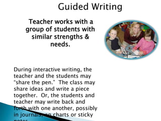 Guided Writing
Teacher works with a
group of students with
similar strengths &
needs.

During interactive writing, the
teacher and the students may
“share the pen.” The class may
share ideas and write a piece
together. Or, the students and
teacher may write back and
forth with one another, possibly
in journals, on charts or sticky

 