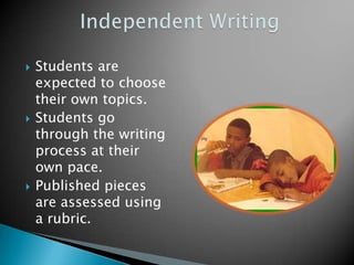 





Students are
expected to choose
their own topics.
Students go
through the writing
process at their
own pace.
Published pieces
are assessed using
a rubric.

 