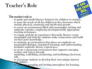 The teacher's role is:
◦ to guide and model literacy behavior for children to emulate.
◦ to meet the needs of all the children in the classroom which
include physical, emotional and intellectual growth.
◦ to create an environment filled with meaningful, inviting and
authentic activities, employing developmentally appropriate
teaching techniques.
◦ to engage students in experiences that make literacy events
meaningful and help the students make connections and build
on their prior knowledge.
◦ to maintain an environment that places an emphasis on
meaningful dialogue, negotiated meaning, and understanding
facilitates authentic literacy experiences.
◦ to create a classroom environment that supports emerging
readers and writers through
modeling, scaffolding, monitoring, and facilitating classroom
talk .
◦ to encourage students to develop their own unique interest
and abilities.
◦ to create an accepting and inviting atmosphere for learning.

 
