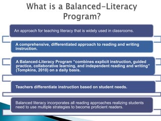 An approach for teaching literacy that is widely used in classrooms.
A comprehensive, differentiated approach to reading and writing
instruction.
A Balanced-Literacy Program “combines explicit instruction, guided
practice, collaborative learning, and independent reading and writing”
(Tompkins, 2010) on a daily basis.

Teachers differentiate instruction based on student needs.

Balanced literacy incorporates all reading approaches realizing students
need to use multiple strategies to become proficient readers.

 