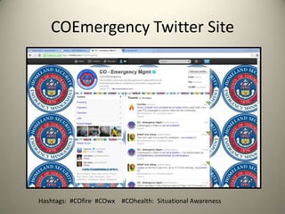 COEmergency Twitter Site




Hashtags: #COfire #COwx #COhealth: Situational Awareness
 