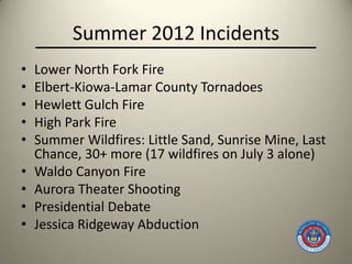 Summer 2012 Incidents
•   Lower North Fork Fire
•   Elbert-Kiowa-Lamar County Tornadoes
•   Hewlett Gulch Fire
•   High Park Fire
•   Summer Wildfires: Little Sand, Sunrise Mine, Last
    Chance, 30+ more (17 wildfires on July 3 alone)
•   Waldo Canyon Fire
•   Aurora Theater Shooting
•   Presidential Debate
•   Jessica Ridgeway Abduction
 
