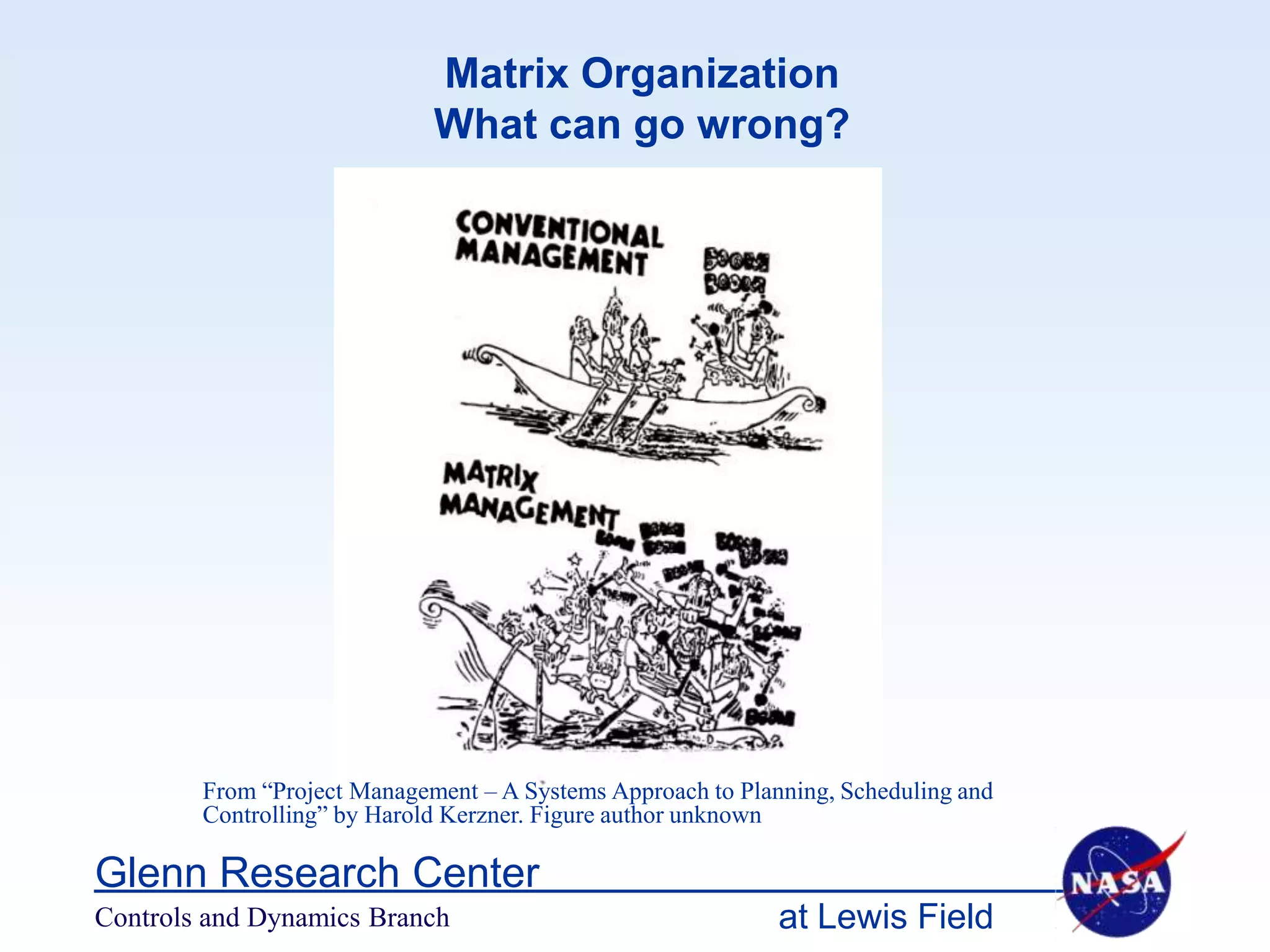 Matrix Organization
                             What can go wrong?




        From “Project Management – A Systems Approach to Planning, Scheduling and
        Controlling” by Harold Kerzner. Figure author unknown

Glenn Research Center
Controls and Dynamics Branch                                 at Lewis Field
 