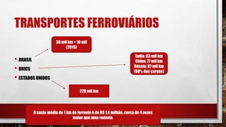 TRANSPORTES FERROVIÁRIOS
• BRASIL
• BRICS
• ESTADOS UNIDOS
30 mil km + 10 mil
(2015)
Índia: 63 mil km
China: 77 mil km
Rússia: 87 mil km
(80% das cargas)
220 mil km
O custo médio de 1 km de ferrovia é de R$ 1,4 milhão, cerca de 4 vezes
maior que uma rodovia.
 