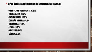 •TIPOS DE ENERGIA CONSUMIDA NO BRASIL (DADOS DE 2013):
- PETRÓLEO E DERIVADOS: 37,6%
- HIDRÁULICA: 14,2%
- GÁS NATURAL: 10,2%
- CARVÃO MINERAL: 5,1%
- BIOMASSA: 21,3%
- LENHA: 9,5%
- NUCLEAR: 1,4%
- EÓLICA: 0,6%
 