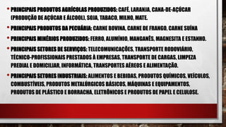 •PRINCIPAIS PRODUTOS AGRÍCOLAS PRODUZIDOS: CAFÉ, LARANJA, CANA-DE-AÇÚCAR
(PRODUÇÃO DE AÇÚCAR E ÁLCOOL), SOJA, TABACO, MILHO, MATE.
•PRINCIPAIS PRODUTOS DA PECUÁRIA: CARNE BOVINA, CARNE DE FRANGO, CARNE SUÍNA
•PRINCIPAIS MINÉRIOS PRODUZIDOS: FERRO, ALUMÍNIO, MANGANÊS, MAGNESITA E ESTANHO.
•PRINCIPAIS SETORES DE SERVIÇOS: TELECOMUNICAÇÕES, TRANSPORTE RODOVIÁRIO,
TÉCNICO-PROFISSIONAIS PRESTADOS À EMPRESAS, TRANSPORTE DE CARGAS, LIMPEZA
PREDIAL E DOMICILIAR, INFORMÁTICA, TRANSPORTES AÉREOS E ALIMENTAÇÃO.
•PRINCIPAIS SETORES INDUSTRIAIS: ALIMENTOS E BEBIDAS, PRODUTOS QUÍMICOS, VEÍCULOS,
COMBUSTÍVEIS, PRODUTOS METALÚRGICOS BÁSICOS, MÁQUINAS E EQUIPAMENTOS,
PRODUTOS DE PLÁSTICO E BORRACHA, ELETRÔNICOS E PRODUTOS DE PAPEL E CELULOSE.
 
