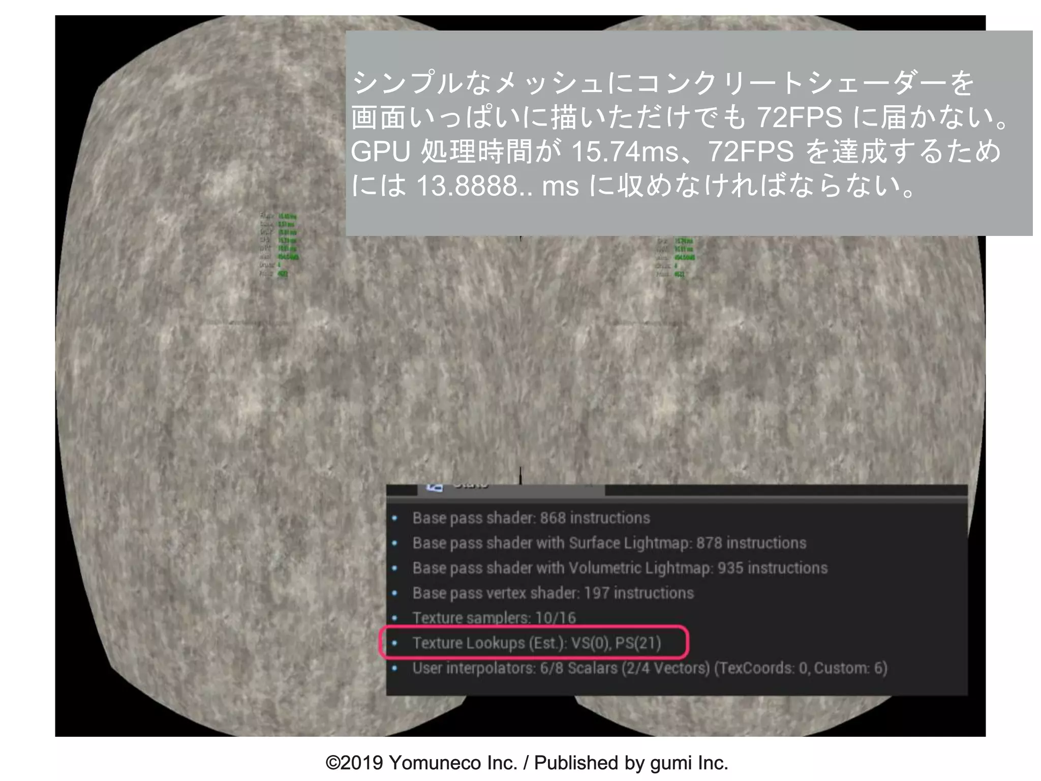 シンプルなメッシュにコンクリートシェーダーを
画面いっぱいに描いただけでも 72FPS に届かない。
GPU 処理時間が 15.74ms、72FPS を達成するため
には 13.8888.. ms に収めなければならない。
 