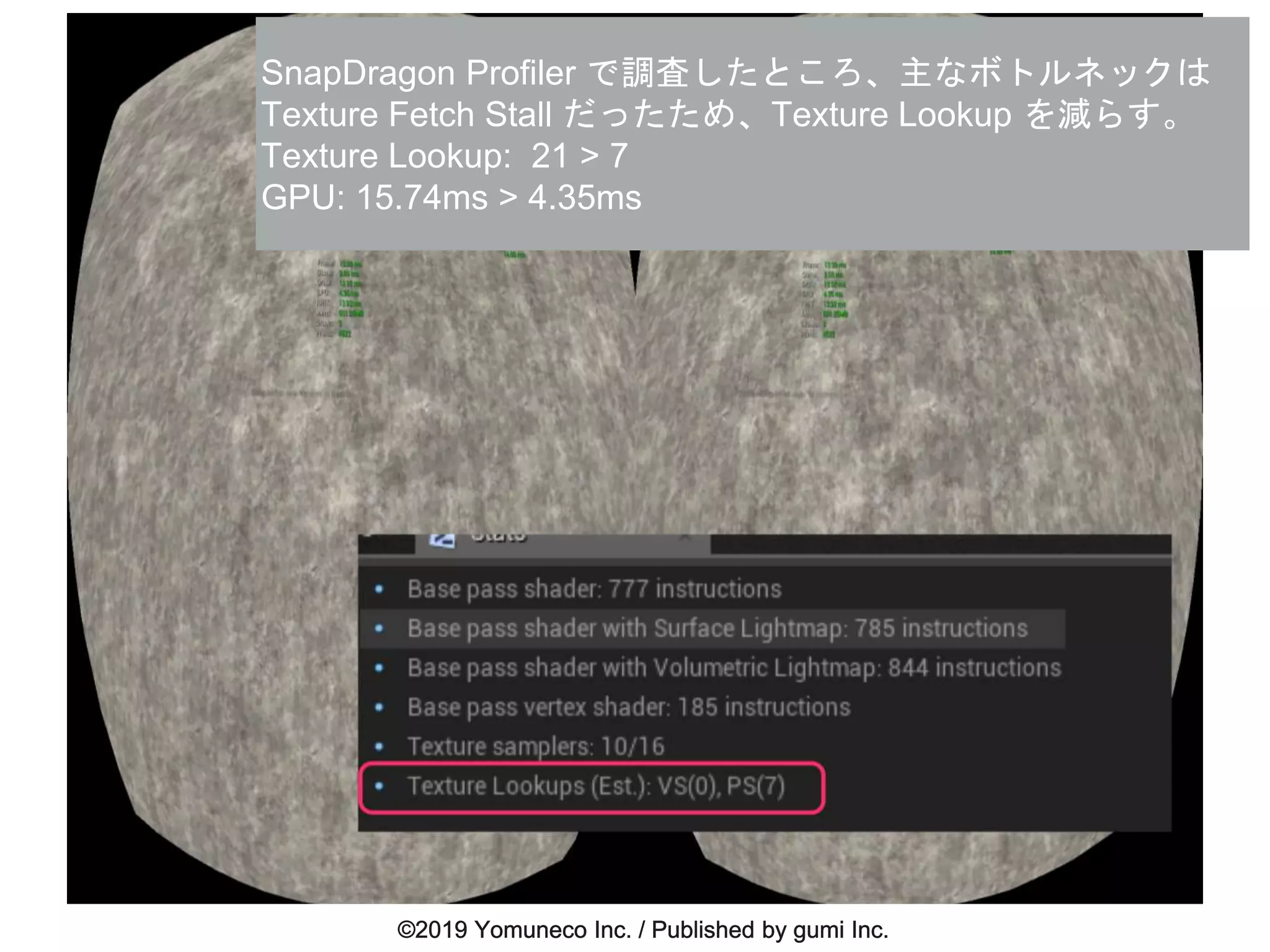 SnapDragon Profiler で調査したところ、主なボトルネックは
Texture Fetch Stall だったため、Texture Lookup を減らす。
Texture Lookup: 21 > 7
GPU: 15.74ms > 4.35ms
 